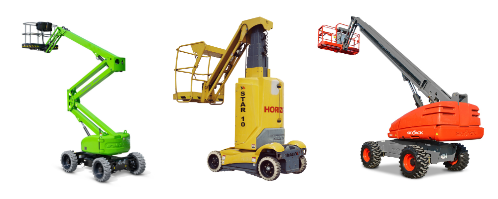 articlulating boom lift, mast vertical lift and telescopic cherry picker next to each other 