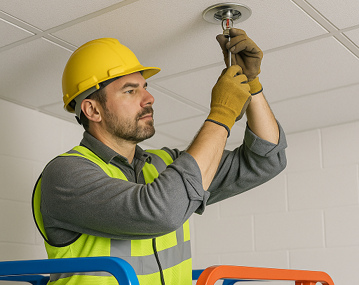 A man on a mewp fixing a sprinkler